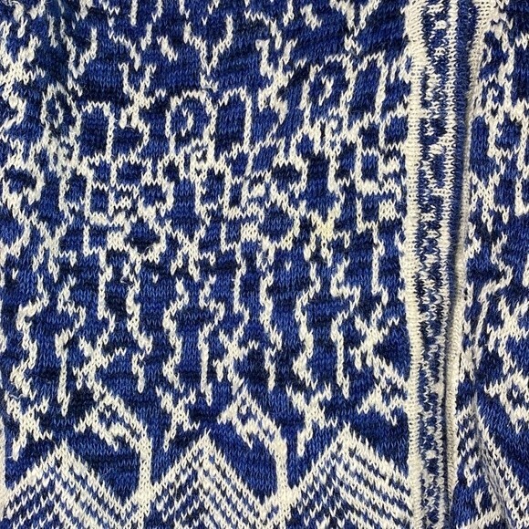 Coldwater Creek Blue/ White Geometric Weave One Wooden Button Cardigan Sz S - Picture 6 of 7